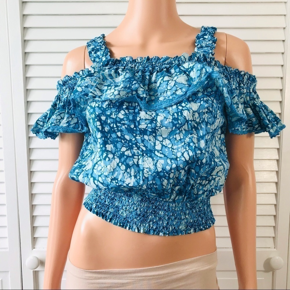 HOUSE OF HARLOW 1960 Martine Blue Print Ruffle Smocked Tank Top Size XS